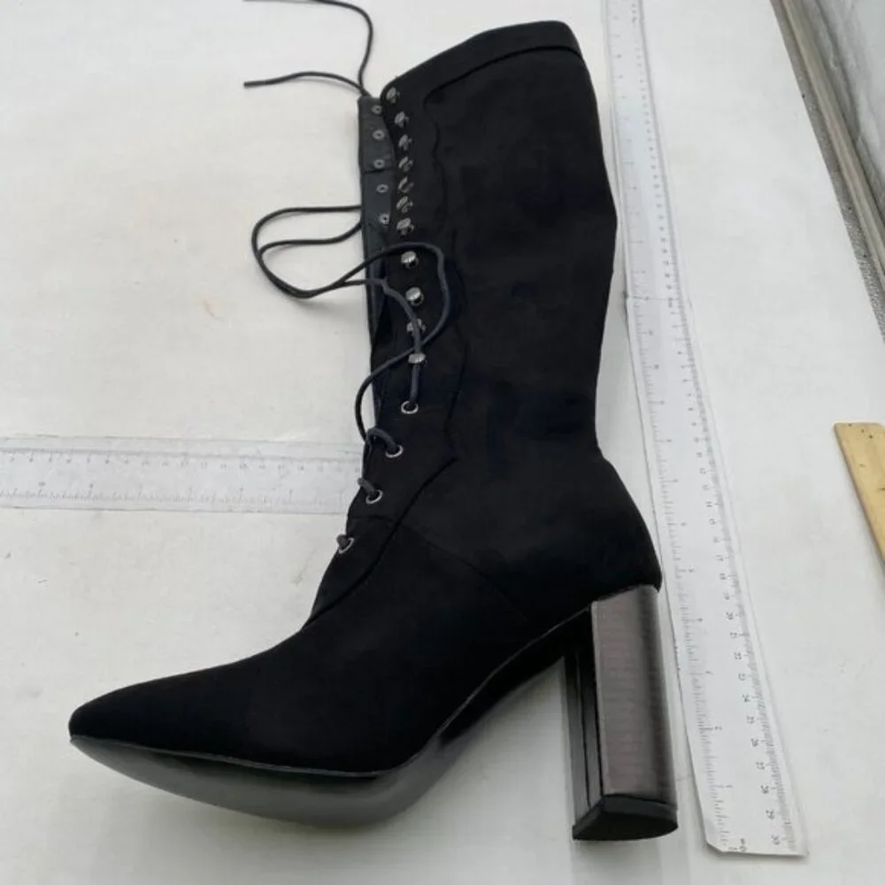 Black Women Vintage Knee High Chunky Heel Boots Lace-up Suede Calf-High Booties